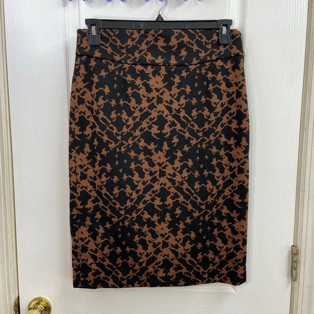 Grace brown black stretch geometric abstract straight midi skirt casual office